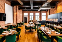 Image depicts a modern, spacious dining area with a contemporary style. The layout features several rectangular tables arranged in rows, each set with green velvet chairs. The tables are elegantly set with plates, cutlery, and small floral centerpieces. The room has a warm ambiance, highlighted by wooden flooring and exposed brick walls. On one side, a large flat-screen television is mounted on a white wall panel. The opposite side showcases a sleek, black kitchen area with built-in appliances a