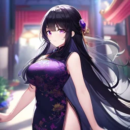 Clear focus,High resolution, Black long fluffy hair, and purple eyes, wearing a chinese dress, cute