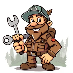 retro cartoon company mascot of a vehicle mechanic with a hint of forest ranger, holding a socket wrench.