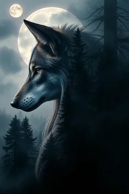 double exposure stunning woman-wolf hybrid portait, forest, moon, smoke, ultra-high detailed, deep dark colors, dark fantasy, intricate detail, cinematic, masterpiece, sharp focus, dark ethereal fantasy, hyperdetailed, atmospheric , dark surreal fantasy