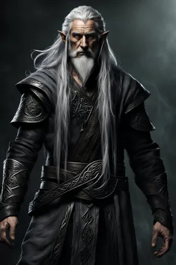 full length , ancient grizzled, gnarled elf vagabond, with long, grey hair streaked with black, highly detailed facial features, sharp cheekbones. His eyes are black. He wears weathered roughspun Celtic clothes. he is lean and tall, with pale skin, full body , thigh high leather boots and has a dark malevolent aura within swirling maelstrom of ethereal chaos in the comic book style of Bill Sienkiewicz and Jean Giraud Moebius in ink wash and watercolor, realistic dramatic natural lighting