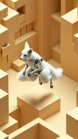 full figure white fox as a furry kangaroo jump robot in high walled isometric labyrinth