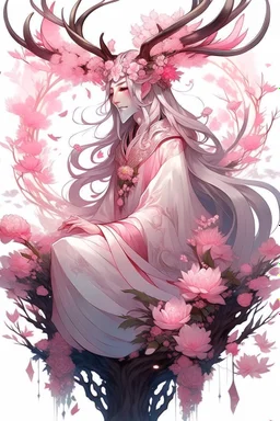 Pink hair spring cherry blossom Eladrin Male antlers blossom filled beard druid of the stars