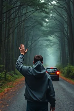 Fantasy forest road a man with hood waiting for a ride raising one hand to the driver to stop on the side of the road car did not stop