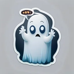Lindo fantasma con el pulgar hacia abajo, diciendo "BOO", sticker, fondo blanco, caricatura