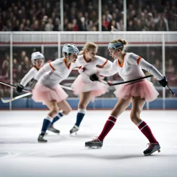 Ballerinas playing ice hockey