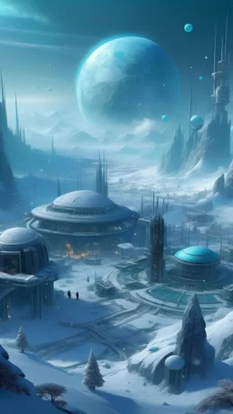 sci fi planet, snow garden, busy city