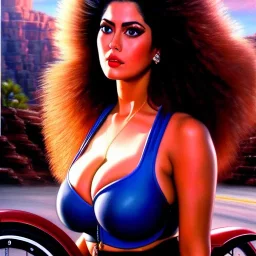 portrait of busty beautiful 'Female Rider on Akira Bike(1988)',painting by Earl Norem, simon Bisley, evan lee, 86-86, oil on canvas, cinematic composition, extreme detail,fit full head inside picture,8k