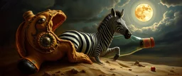 master oil painting by Rembrandt, good afternoon clay moon chill hyper bigger than life zebra dream trickster golem peeking out of a sand twister whirlwind cocoon, all inside a bottle