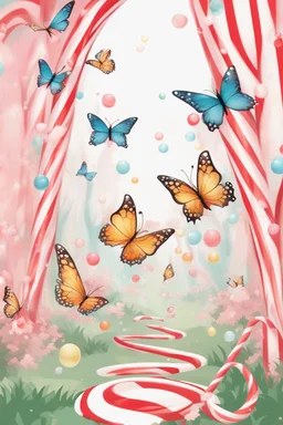 Butterflies and bubbles flying through a candy cane forest