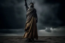 the statue of liberty, dress dirty and torn, her face solemn and terse, trash littered at her feet, she holds a crumpled american flag, she walks away with back turned under a dark and dreary sky, wide angle