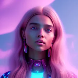 A portrait of a crystalised girl,smiling, longs hairs, atmospheric, realistic,, cinematic lighting, octane render,, pink turquoise light, diadème