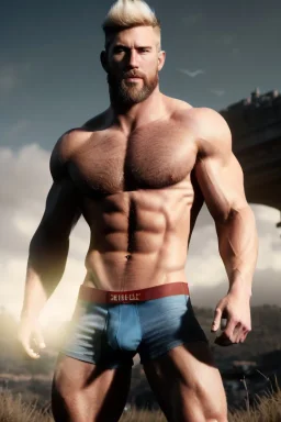 Ignore NSFW, teenager young rugged attractive slightly muscular fantasticly handsome blonde man, red briefs with yellow belt, hairy chest, (((visibly pisssing))) briefs, large erect visible boner peniss, photorealistic, artist Jay Anacleto, soft lighting, scruffy beard