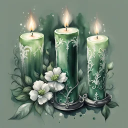 watercolor drawing of a dark green candles with emeralds and flowers and white lace, on a white background, Trending on Artstation, {creative commons}, fanart, AIart, {Woolitize}, by Charlie Bowater, Illustration, Color Grading, Filmic, Nikon D750, Brenizer Method, Side-View, Perspective, Depth of Field, Field of View, F/2.8, Lens Flare, Tonal Colors, 8K, Full-HD, ProPhoto