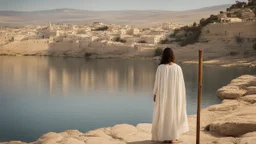 [the time of Jesus] close to the old town of Nazareth, a view on the Lake of Genesareth. a young woman in linen dress, she has her wooden rod she looks at the people down around the shore