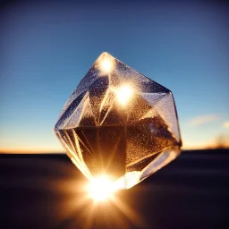 fine-art photography of a small Clear crystal regular polyhedron, floating above the horizon, snow field, sunset, magic time, HDR, Minimalism, artistic, atmospheric, Centered symmetrical composition, conceptual design, futuristic, cinematic, hyper-detailed, 8K wallpaper -H 960 -S 3033668822