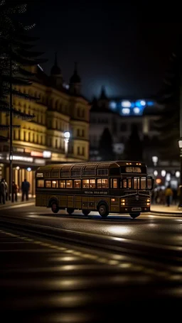 lexbussen til charlottenberg når den kjører forbi svensk by på månen, shot on Hasselblad h6d-400c, zeiss prime lens, bokeh like f/0.8, tilt-shift lens 8k, high detail, smooth render, down-light, unreal engine, prize winning