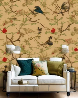 Vintage European chinoiserie wallpaper with dodo bird and oak leaf branches