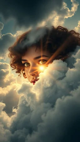 A beautiful eyes of a woman’s above swirling clouds, emerges from the heart of a raging storm. Turbulent winds of steam swirl around the sun lit by shafts of sunlight that cast dramatic shadows on the A beautiful girl with curly hair High quality 16k cinematic scene and great photography