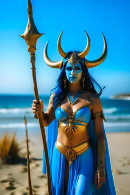 A picture of a blue faced Indian goddess with skin painted blue, blue body, wild black hair, stag horn antlers, elven ears, golden skirt, holding a staff on a sunny beach