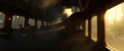 get aboard the rabbit train in the style of Rembrandt and Fallout 4, with motion blur and volume fog and sun rays and lense flair