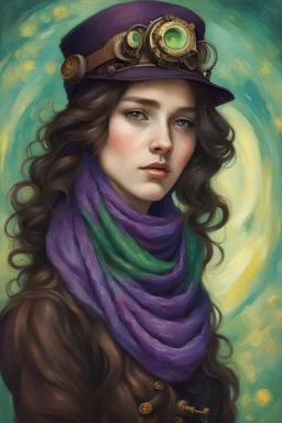A girl with long, wavy dark brown hair, purple eyes, dressed in steampunk clothes, green scarf , Portrait of Van Gogh