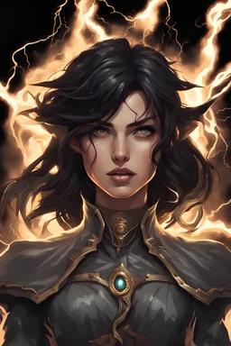 Dungeons and Dragons portrait of the face of a female human sorcerer with dark black hair and electric eyes. Surrounded by lightning.