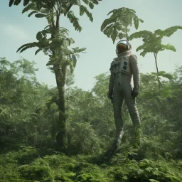 Astronaut standing on an unknown jungle planet