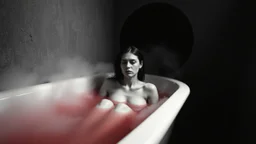 monochrome photo of very blur face sad pale woman sitting in bath tube around her red water, in bath, blur fog, background in corner one black demonic shadow, dark gray old wall, darkness around, sad, surreal dark vibe, dark colors, in wall circle dark deep abyss,splash art, cinematic, depressive vibe
