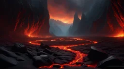 The Valley of the shadow of death. a rift in the cliffs full of burning lava. intensely hot. dark fantasy concept art, exquisite realism, a masterpiece, dynamic lighting, hyperdetailed, intricately detailed, deep color, Unreal Engine, volumetric lighting , Epic cinematic brilliant stunning intricate meticulously detailed dramatic atmospheric maximal,