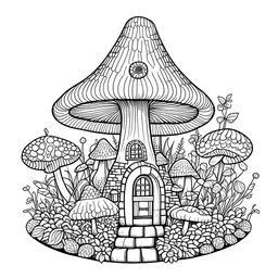 A fairy house made of mushrooms and flowers, exact shape, real image, minimal lines, white back ground color, real style, realistic, minimalistic, minimal black line art, line art, crisp line art, unique coloring sheet, outlined, outline, crisp, crisp line edges, illustration, thin lines, crisp clear lines, line art, clean line art, unique, 8k, amazing, masterpiece, no colors, no dark color, no black color, avoid thick black, minimalistic line edges, pure white back ground,