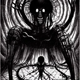 Old photo of shadow spider junji ito, dystopian surrealism, dark horror fantasy, artstation intricate details, demonic, dark art, dark noir, neoclassical gothic horror