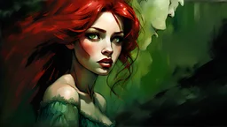 Graphic Novel Full Body Portrait Of Disney Ariel, Gorgeous Red Hair, Big Wide Set Eyes, Cute Nose, Big Pouty Lips, Unique Moody Face, Femme Fatale, green lace Dress and stockings At Night, Cinematic Detailed Mysterious Sharp Focus High Contrast Dramatic Volumetric Lighting,:: dark mysterious esoteric atmosphere :: digital matt painting by Jeremy Mann + Carne Griffiths + Leonid Afremov, black canvas, dramatic shading, detailed face