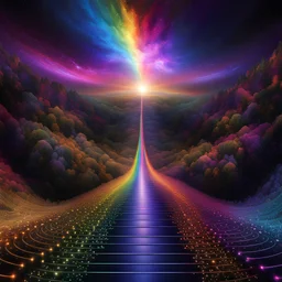 an iridescent path that leads into the infinite, above it is displayed a rich array of large sparkling iridescent and hyperdetailed mathematical equations illuminating the black sky above in a crescendo of rainbow colors. highly detailed, intricate, 8K, digital art and alcohol ink, a very surreal masterpiece, award winning, crisp quality, HDR, Art of Illusion, complex, cosmic, elaborate, holographic, ethereal, photorealistic