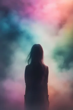 woman silluate, view of her back, looking into space mystic, colorful fog unknown. she's happy