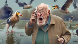 a very confused old man talks on phone while chasing ducks away,