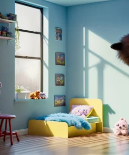 Realistic child room. sweet big furry monster sitting. Steven Spielberg style. Red hair, smile, happy, gradient color fog. highly detailed, concept art, unreal engine 5, ray tracing, RTX, lumen lighting, ultra detail, volumetric lighting, 3d, finely drawn, high definition, high resolution.