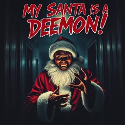 Horror Movie Poster With The Title Of "My Santa Is A DEMON!" (with a maroon colored horror sharp brush font) featuring a Santa In Demon form showing creepy terrifying smile doing satanic ritual in a dark mansions' hallway at dark night.