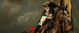 master oil painting by Rembrandt, good afternoon bitch scary hot seductive pirate merchant rat swashbuckler on stallion on ship