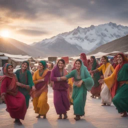 Pakistani Pukhtoon Women smiling & dancing at cloudy-sunset & snowy mountains with a typical crowded village market