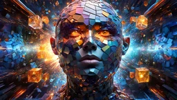 Human anatomy, fragmented body parts, 3d cube fragmentation of body, cubes and orbs breaking off face, cgi surreal masterpiece, vibrant colors, rim lighting, mechanical fragmentation, biosphere decomposition, high detail, floating parts, detailed cosmic background, fractal art, galaxy light vision, 16k, Astral concept art, sharp lines