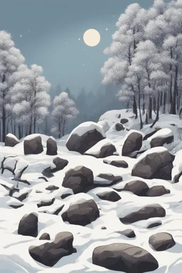 Drawn rocks on a snowy landscape