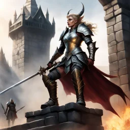 A Dragonborn Princess in plate armor, perched atop a siege ladder, ready to unleash her might upon the castle gates. The scene is set with her army blurred in the dust below, a formidable force rallying behind their fearless leader. The clash of steel, the roar of battle cries, the promise of victory in the air.
