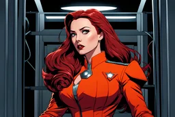 Scarlett Witch captured after the events of Disney+ Wandavision, wearing an orange prison uniform, arms bound, wearing a power damping collar, keep in a padded cell, alternative ending, five year later time skip, hair is longer and messy, driven insane and emotionality unstable due to her obsession to find her kids, comic book art style