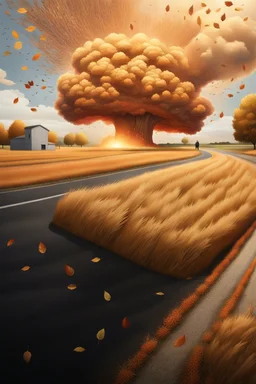 top right corner is a nuclear explosion cloud, top of explosion looks like a autumn tree full of leaves, add leaves falling everywhere in foreground, bottom 2/3 is a road through a wheat field, a wind is blowing away from the tree. a commercial building is on the middle left
