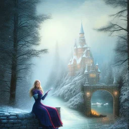 fantasy art, book illustration, grinning witch sitting by a bonfire, in the background the stairs of a dam in the magical forest ,icy water