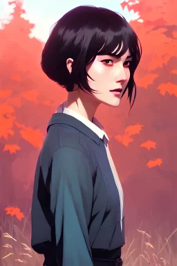 Highly detailed portrait of stunningly beautiful woman, Atey Ghailan, by Loish, by Bryan Lee O'Malley, by Cliff Chiang, by Greg Rutkowski, inspired by image comics, inspired by graphic novel cover art, inspired by nier!! wooden farm color scheme ((farm background)), trending on artstation