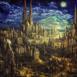 gothic painting of a city in a fantasy starry night photorealistic