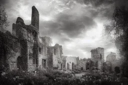 medieval ruins and garden, the setting sun peeps through the storm clouds over the medieval street Sherry Akrami Yossi Kotler by Jeremy Mann