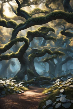 oaks made of silver. fantasy art, Cinematic lighting, Volumetric lighting, Epic composition,